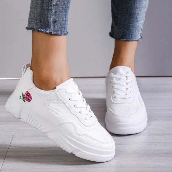 Shoes - Floral Embroidery White Sneakers